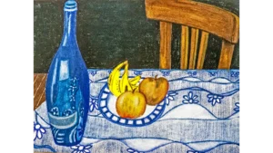 Bouteille bleue sur nappe à fleurs bleues à la matisse